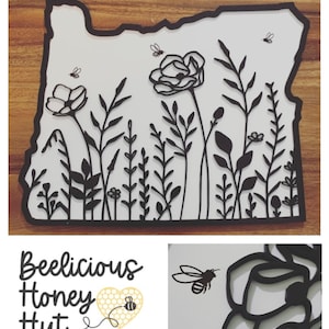 Oregon State Wildflowers and Bees Sign, WA, Gift, Wall Art Decor, Portland, Salem, Bend, Mt. Hood, Timberline, Laser SVG Digital File Only