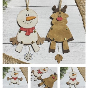 Snowman and Reindeer Wood Puppet Ornament Set, Dangle Legs, Doll, Movable, Toy, Paint Kit, Jumping Jack, Scrap Busters, Digital SVG File