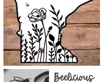 Minnesota State Wildflowers and Bees Sign, MN, Up North, Minneapolis, Outline, Gift, Wall Decor, SVG Digital File Only