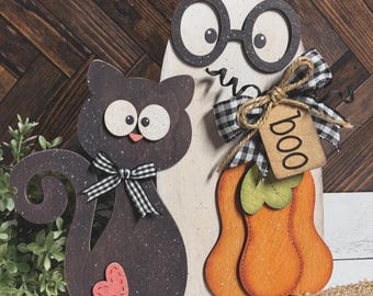 Stitched Boo Black Cat and Ghost Shelf Sitter! Halloween, Pumpkin, Heart, Smart, Customizable, gift, Score, Decor, Digital File SVG Bundle