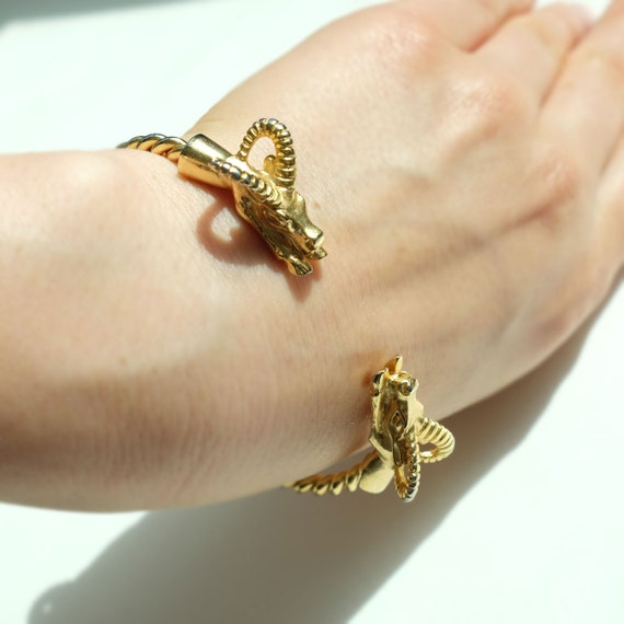 vintage ram bracelet, vintage gold cuff, gold capr