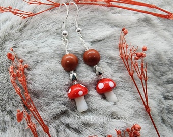 Mushroom Earrings – Mushroom Charm Gemstone Dangle Earrings, Gemstone and Glass Mushroom Earrings, Cottagecore Jewelry