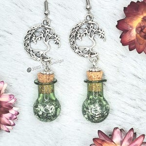 Green Potion Bottle Earrings: Reinfest Potion Dangle Earrings, Potion Bottle Tree of Life Earrings, Fantasy Potion Earrings, Witchy Earrings