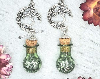 Green Potion Bottle Earrings: Reinfest Potion Dangle Earrings, Potion Bottle Tree of Life Earrings, Fantasy Potion Earrings, Witchy Earrings
