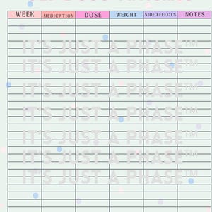May include: A light green chart titled "GLP Dose Timeline" with pink and blue accents. The chart includes columns for week, medication, dose, weight, side effects, and notes. The phrase "IT'S JUST A PHASE" is repeated throughout the chart.