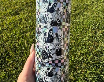 20oz Double Wall Insulated Tumbler - Neon & Plaid Horror Tarot Card Design