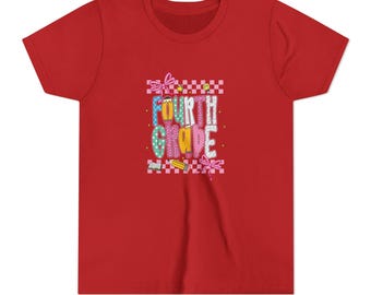 May include: A red t-shirt featuring the words "FOURTH GRADE" in colorful, playful lettering. The design includes pencils, books, and bows, set against a checkered background. A fun and vibrant design for back-to-school.