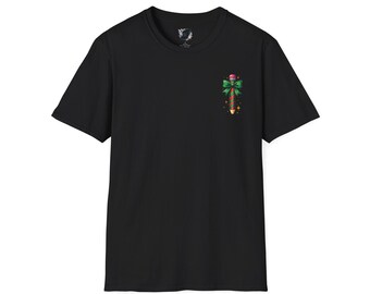 May include: Black short-sleeved t-shirt with a small graphic on the chest. The graphic is a stylized illustration of a champagne bottle with a green bow and red accents. The shirt has a crew neck and a small logo near the neckline.