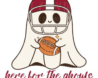 May include: A cartoon ghost wearing a maroon and white football helmet, holding an orange football. The ghost has a smiling face and is surrounded by small gold stars. The phrase "here for the ghouls" is written in maroon script below.