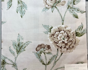 Pale green and neutrals floral home-decor weight fabric; Green, taupe, and grey floral, labeled “Colefax and Fowler, Karina, ivory, leaf”