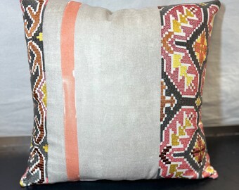 Pillowcase for 16x16 or overstuffed 18x18 throw pillow, labeled “Jane Churchill, Tapestry Stripe, red, ochre”