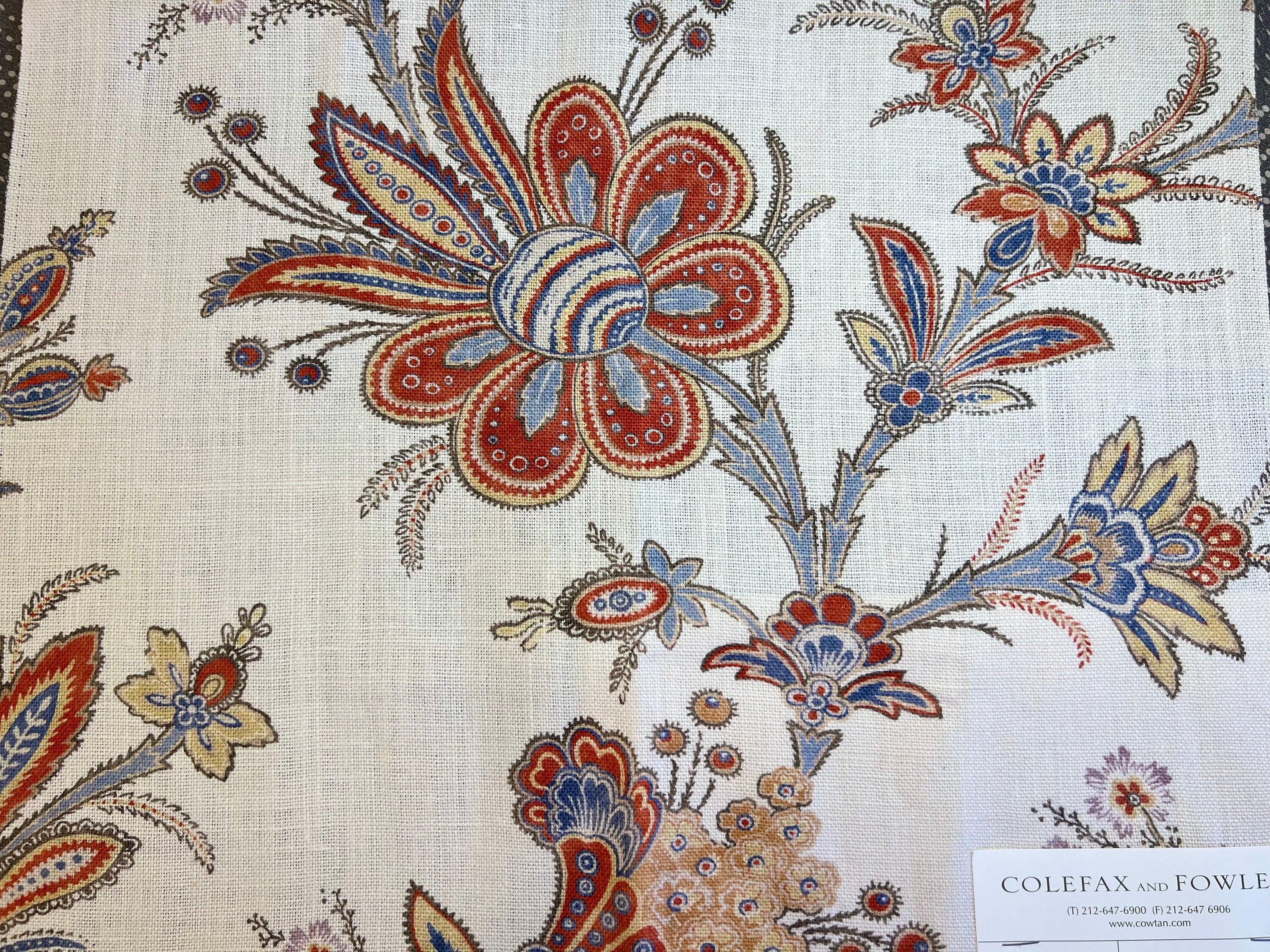 100% LINEN: Beautiful floral home-decor weight fabric; ***Red and blue flowers, labeled “Colefax and Fowler, Rosella, red, blue”***