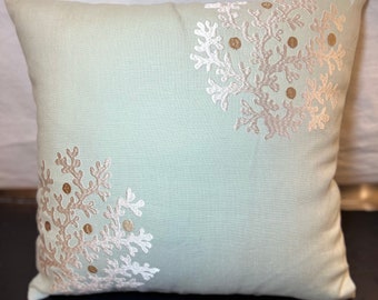 Pillowcase for 16x16 or overstuffed 18x18, or fabric only, home-decor weight fabric, embroidered, labeled “Jane Churchill, Coralline”