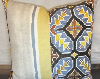 Pillowcase for 16x16 or 18x18 overstuffed throw pillow, labeled “Jane Churchill, tapestry stripe, blue, ochre” or fabric pieces
