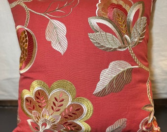 Pillowcase for 16x16 or overstuffed 18x18 throw pillow, labeled “Jane Churchill, Paradise Garden, red” or fabric pieces