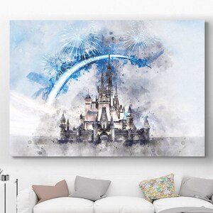 Disney Wall Art, Cinderella Castle Disney Canvas Prints, Living Kids Home Room Decor, Disneyland Art, watercolor print, Blue Soft Color Art