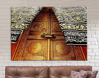 Islamic Kaaba door decoration canvas print, Kaaba holy door cover, Gold embroidered silk veil, Kaaba art, home decoration, Living room decor