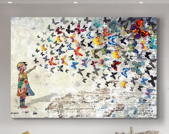 Banksy Street Art, Banksy Wall Art, Butterfly Girl Decor, Banksy Canvas Art, Graffiti Wall Art, Street Canvas Art, Colorful Butterflies Art