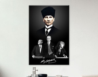 Atatürk Wall Art, Atatürk Portrait Wall Decor Canvas Painting, Black and White Mustafa Kemal Atatürk poster, Living room decor, Turkish art