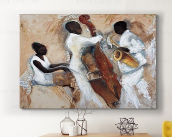 Jazzkunst aan de muur, muziek canvasafdruk, decor muziekinstrumenten, Afro-Amerikaanse zangers die jazz spelen, canvaskunst Jazz Club, abstracte muziek
