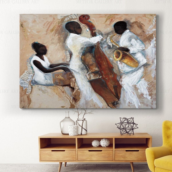 Jazz wall art, Music Canvas print, Musical instruments decor, african american singers playing jazz, Jazz Club canvas art, abstract music