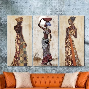 Afrikaanse kunst aan de muur, vrouw kunst decor, mooi meisje canvasafdruk, set van 3 dames zwart meisje kunst, vrouw silhouet kunst, Afrikaanse etnische canvas