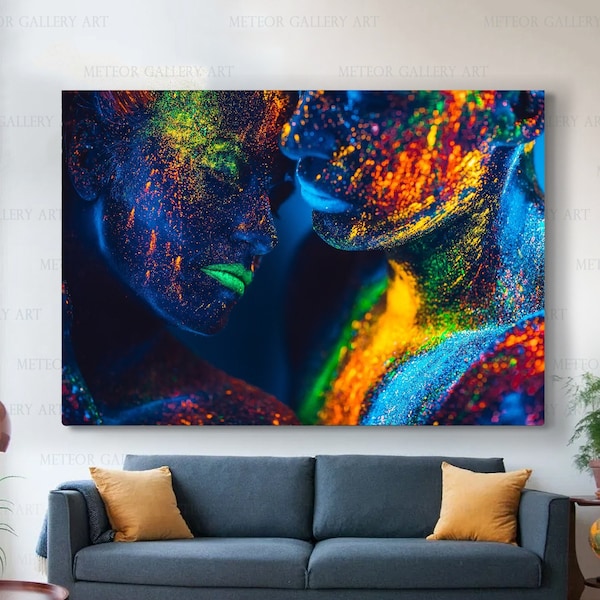 Romantic Colorful Kiss Print Canvas Print Lover wall art Contemporary decor Painting Bedroom art Ready to hang couple Abstract Decoration