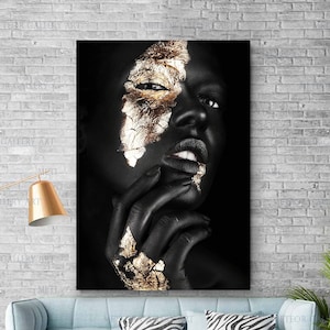Arte de pared de mujer, arte de lienzo de mujer negra, maquillaje, lienzo de mujer de moda, pintura de lienzo de mujer hermosa, lienzo de mano con cara amarilla de mujer negra
