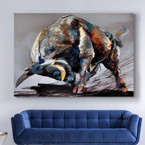 Stier Leinwand Druck, Tier Leinwand Kunst, Unternehmer Motivation, Stier Statue, Stier Wandkunst, Papa Geschenk, Motivationsdruck, Büro Wanddekoration