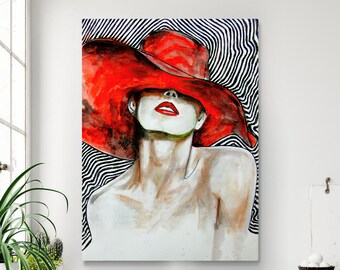 Woman wall art, Woman Canvas Art, The woman with hat print, Red Black Canvas Decor, woman painting canvas, girl canvas art, red woman canvas