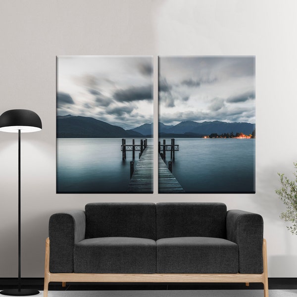 Nature painting, Te Anau pier in New Zealand, Canvas design, Landscape painting, Mountain, Nature, Cloud, Water, Travel, Night,Gift painting