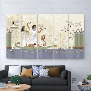 Egyptian wall art, with Queen Nefertari Horus Ra, Egyptian Papyrus Drawing, Egyptian Ethnic Ancient Art, Egyptian Pharaohs, Birds Decor