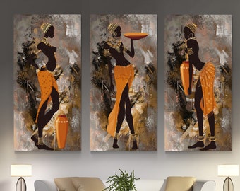 African Wall Art, Orange women canvas print, Woman silhouette Art, African Girl Canvas ethnic Painting art, Woman wall art, woman on canvas
