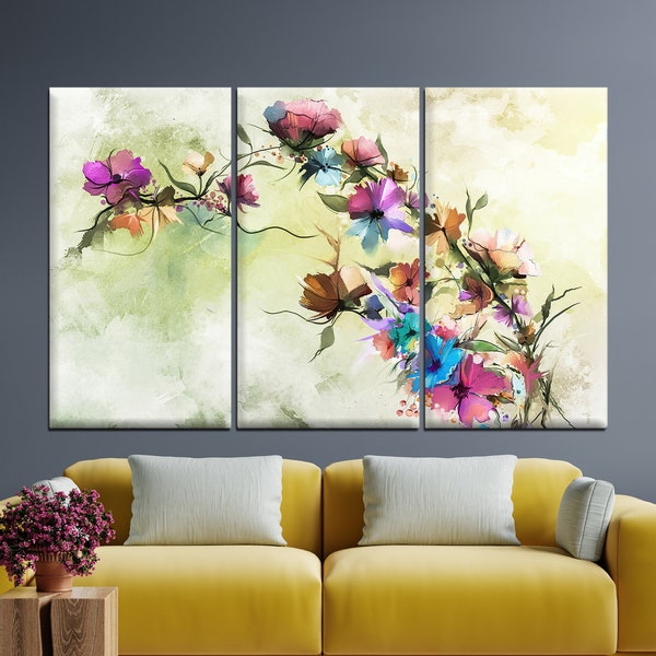 Spring flower,seasonal,nature landscape,wall art print,soft color,hand-painted,yellow-red flowers,canvas painting,canvas art,wall decor