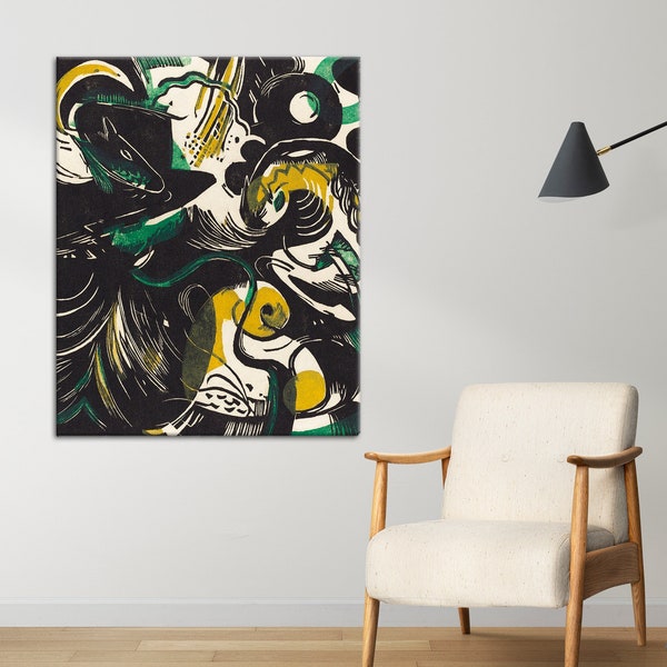Genesis,Franz Marc,(Die erste Mappe),black-yellow-green,abstract design,oil painting,Japanese paper,color engraving,canvas design,wall decor