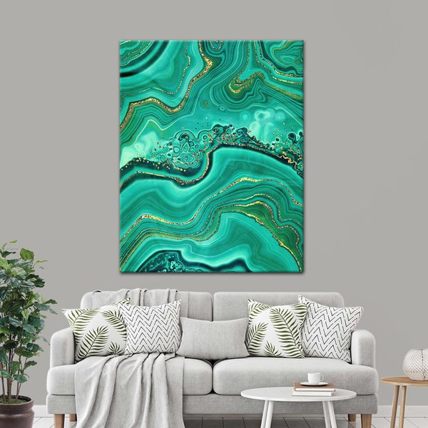 Mint green,stone texture,gold glitter,veined,malachite green,agate,marble slab,wavy lines,marble surface,canvas painting,wall print