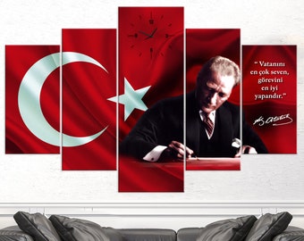 Ataturk and Turkish Flag Wall art, Ataturk wall art, 5 pieces Wall art Poster, ataturk portraits, mustafa kemal print, Living Room Decor Art