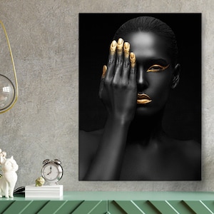 African Woman Eyes Closed Canvas, Gold quotes, Modern Black Woman Model Painting Wall Art Posters, Elegant Woman,Home Decoration Living Room