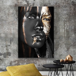 Arte de pared de mujer, arte de lienzo de mujer negra, lienzo de mujer de moda de maquillaje, pintura de lienzo de mujer hermosa, lienzo de cara amarilla de mujer negra gris