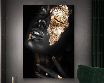African art print Black and Yellow Wall decor, Ethnic Ladies Art,Black Woman Living Room Decor Gold Painting Canvas Print Contemporary Gift