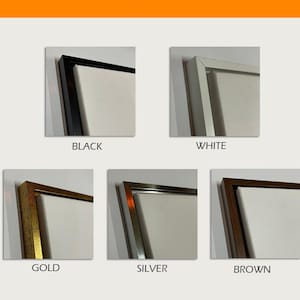 Puede incluir: Imagen que muestra cinco opciones de marco: negro, blanco, dorado, plateado y marrón. Cada marco rodea un lienzo blanco, con el color del marco etiquetado debajo de cada muestra. El texto "FRAME OPTIONS" se muestra en la parte superior de la imagen.