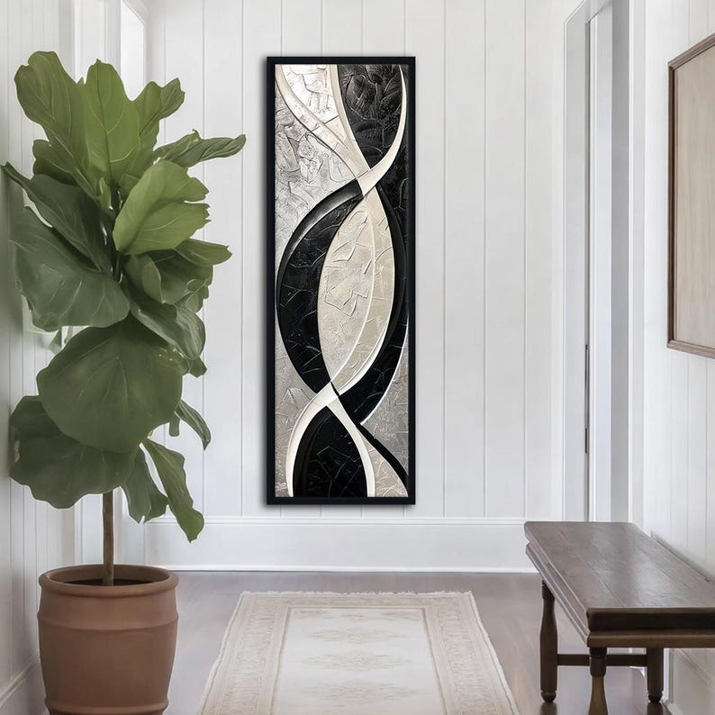 Black and White Abstract Canvas Wall Art, Vertical Modern Geometric ...