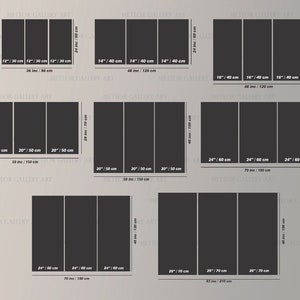 May include: A selection of three-panel canvas art prints in dark grey, available in multiple sizes. Dimensions are displayed in inches and centimeters, from 30 cm x 76 cm to 71 cm x 178 cm. The prints feature the text "METEOR GALLERY ART".