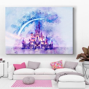 Arte de la pared de Disney, Castillo de Cenicienta Disney imprime arte, arte de decoración de la habitación del hogar de los niños vivos, cartel de Disneyland, pinturas de arte de acuarela sobre lienzo
