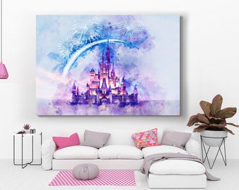 Disney Wall Art, Cinderella Castle Disney Prints Art, Living Kids Home Room Decor Art, Disneyland Poster, watercolor art paintings on canvas