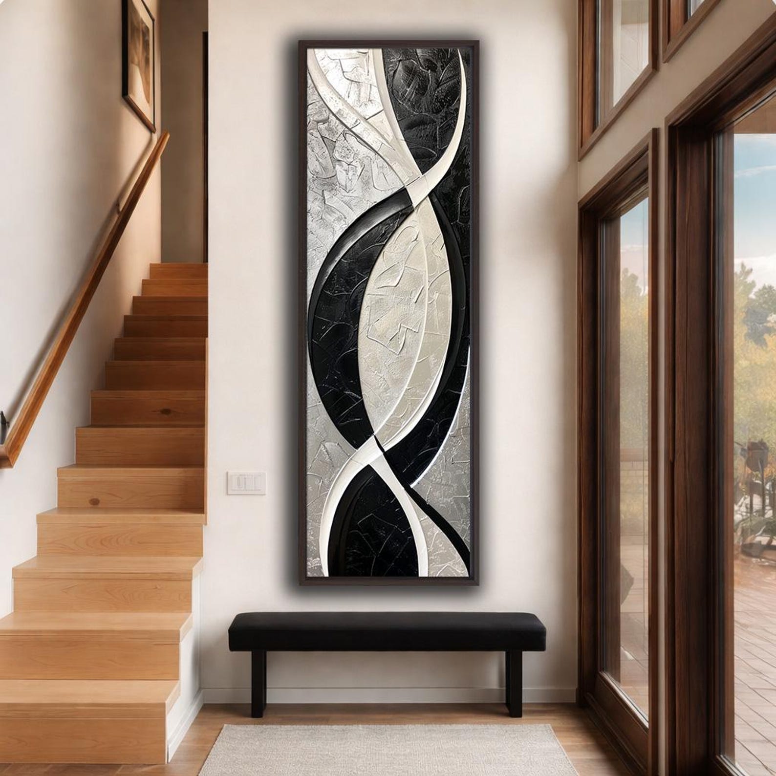 Black and White Abstract Canvas Wall Art, Vertical Modern Geometric ...