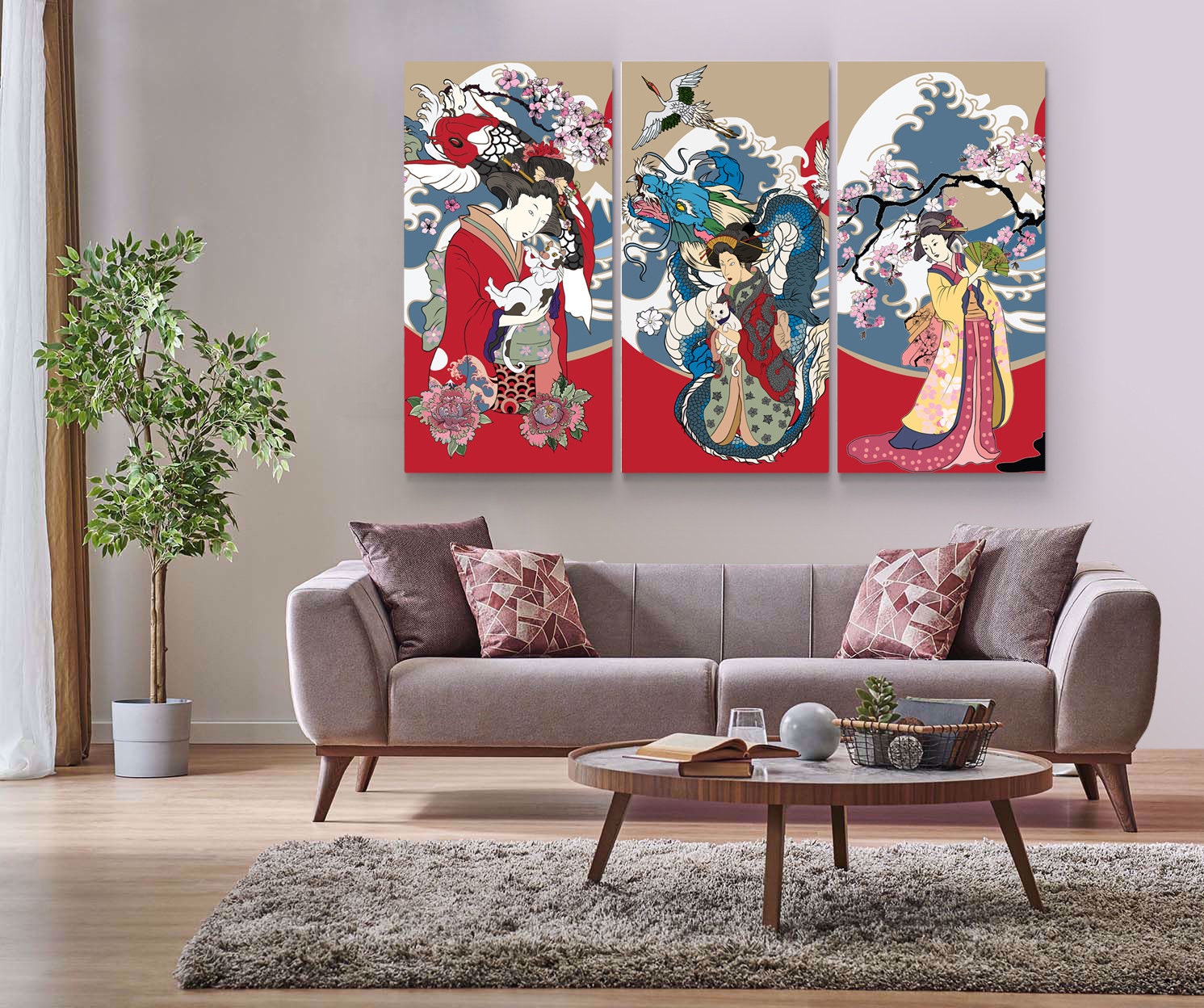 Japanese Woman Wall Art Canvas Print Ethnic Set of 3 Home Living Room ...