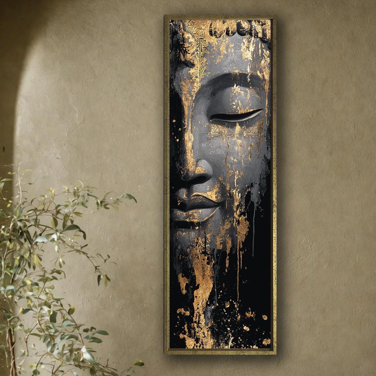 Buddha Canvas Wall Art, Black and Gold Zen Artwork, Luxury Vertical ...