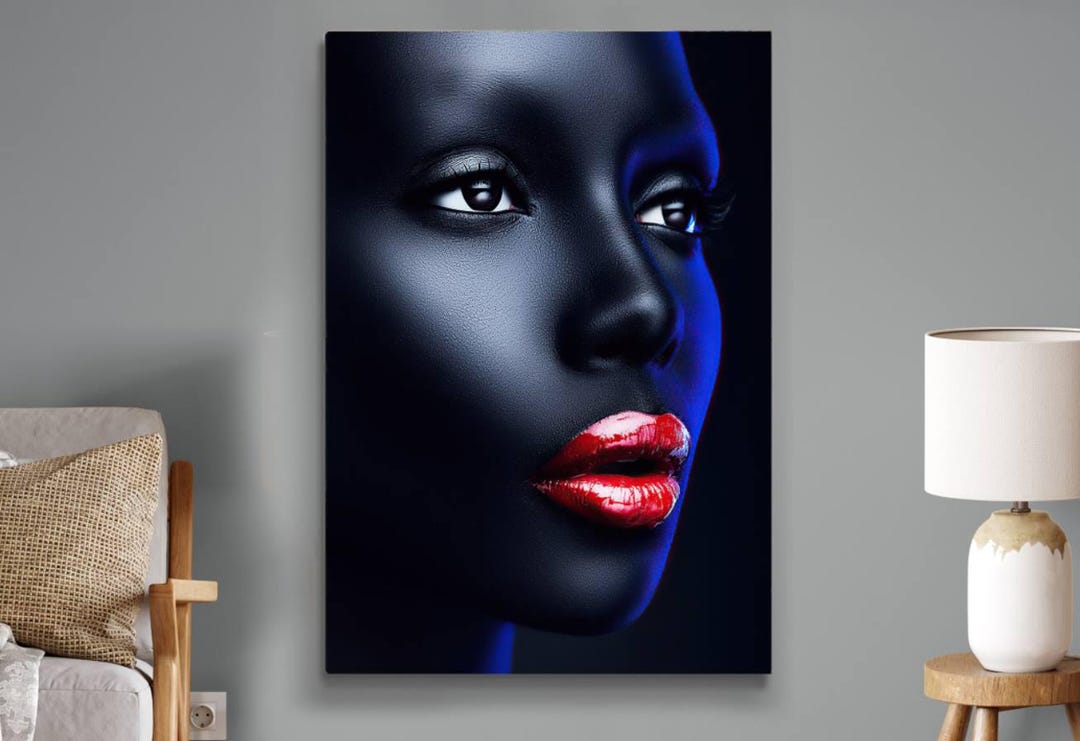 Woman Wall Art, Blue Face, Red Lips, Canvas Decor, Female Wall Art ...