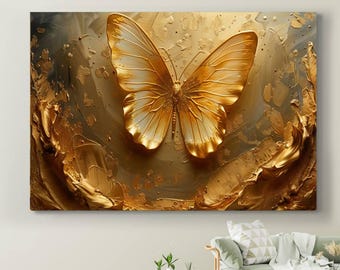 Abstract Butterfly Painting on Canvas, Yellow Brown Abstract Butterfly Wall Art, Artwork Butterfly Wall Decor, Animal Art, Canvas Art Decor